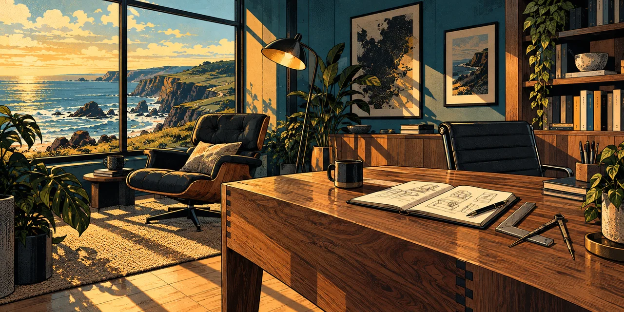 Warm coastal light across a considered interior with a wood desk and drafting tools.