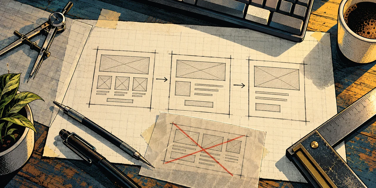 Three wireframe stages, a crossed-out iteration, a compass and a carpenter square.
