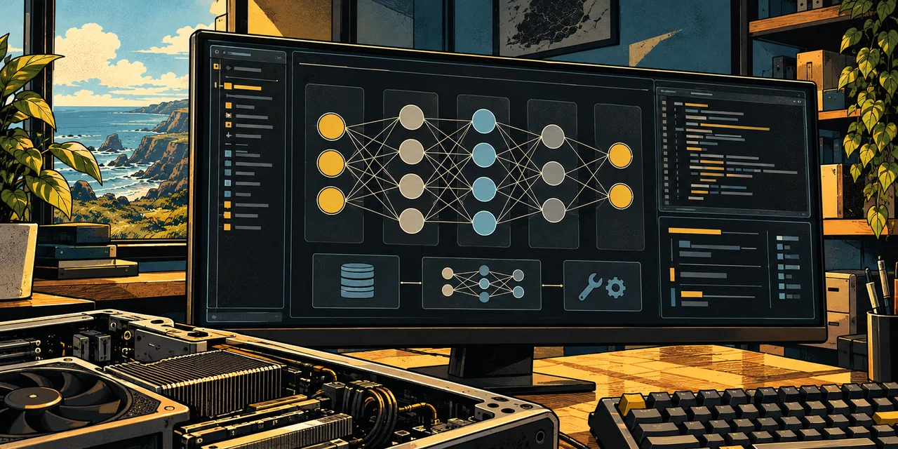 A local AI workstation displaying a layered neural network beside computer hardware.