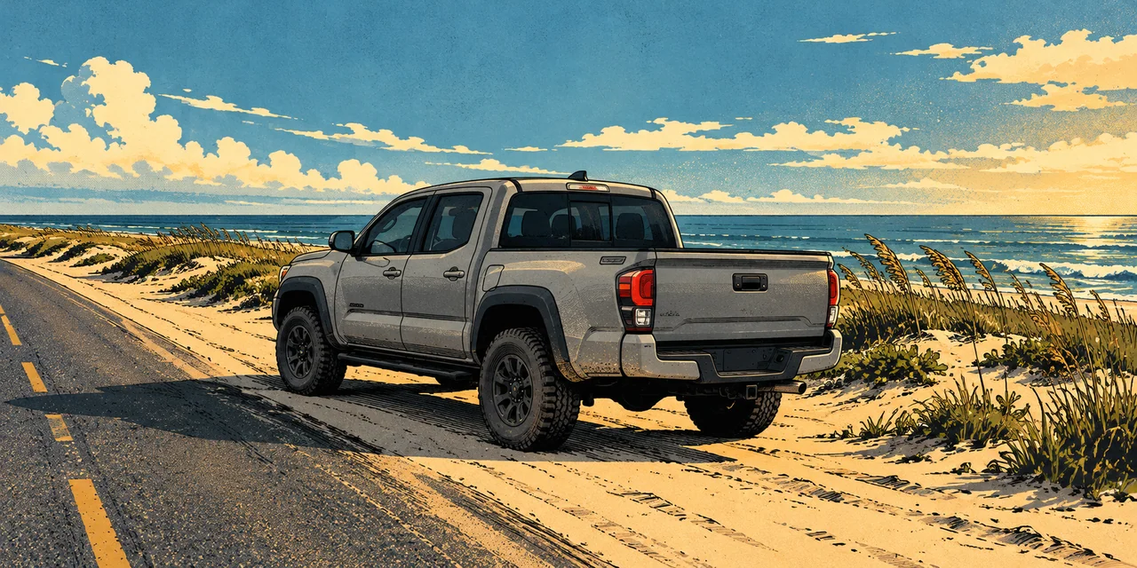A pickup beside Gulf dunes and a quiet road in evening light.